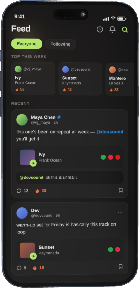 The VibeLink feed on an iPhone: posts from friends with tracks, reactions and replies.